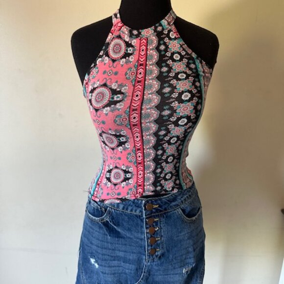 Mudd Pink & Blue Floral Halter Tank Top  8535 - Picture 1 of 6